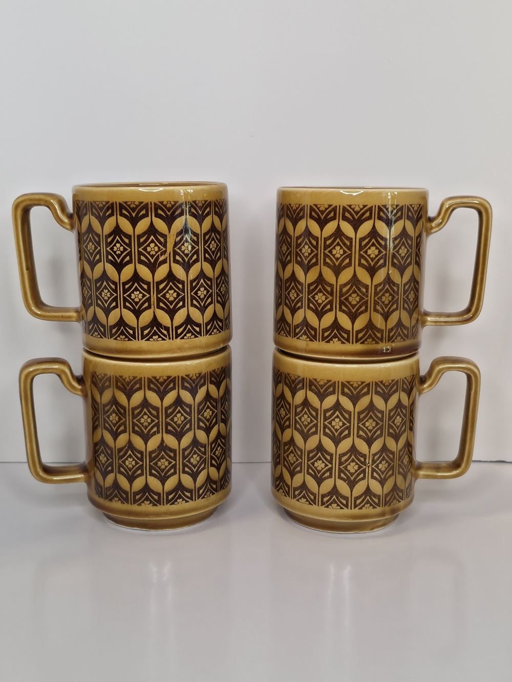 Vintage Royal Sealy Japan Brown Amber Geometric Coffee Mugs Cups Set of 4 MCM